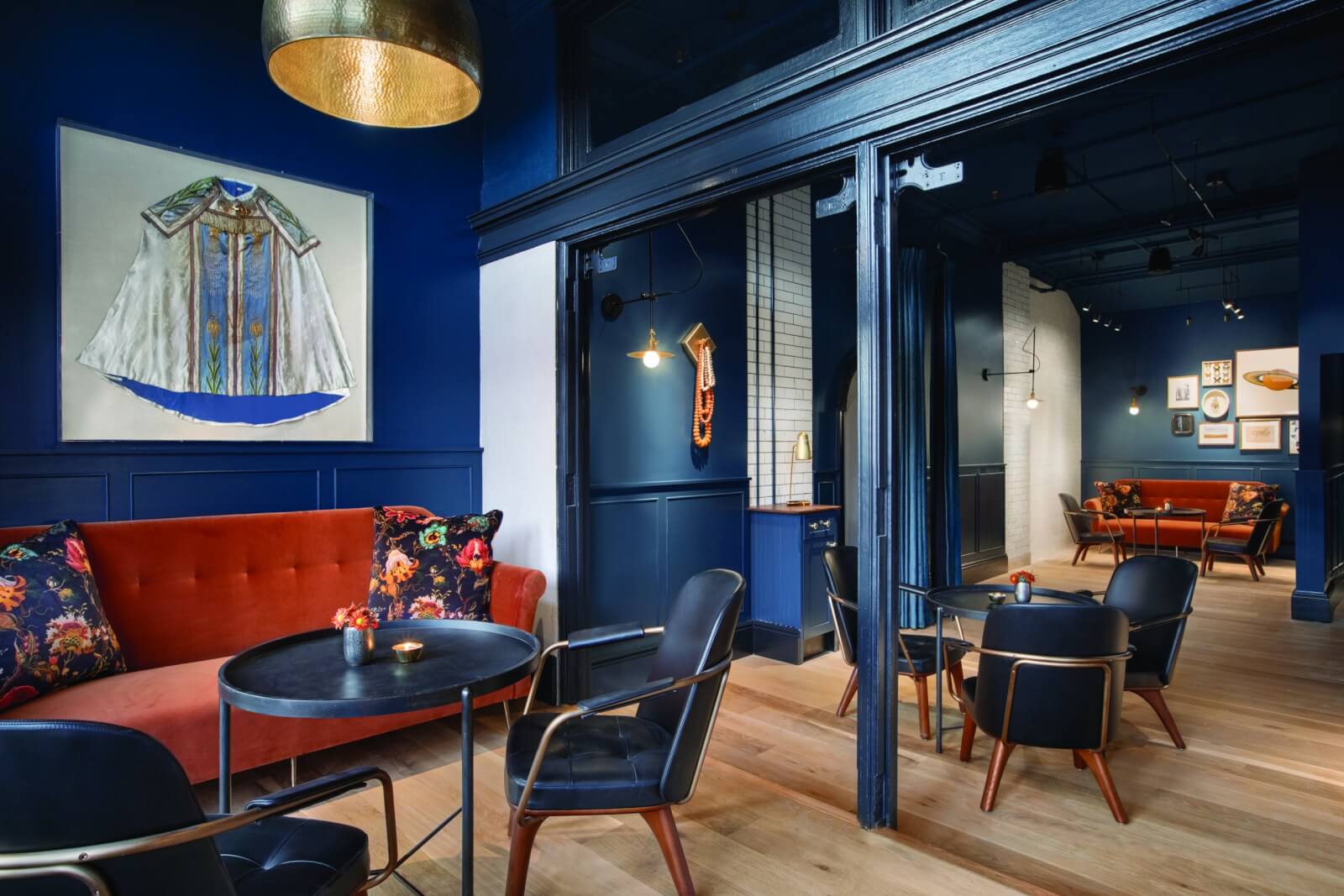 blue dining area in restaurant