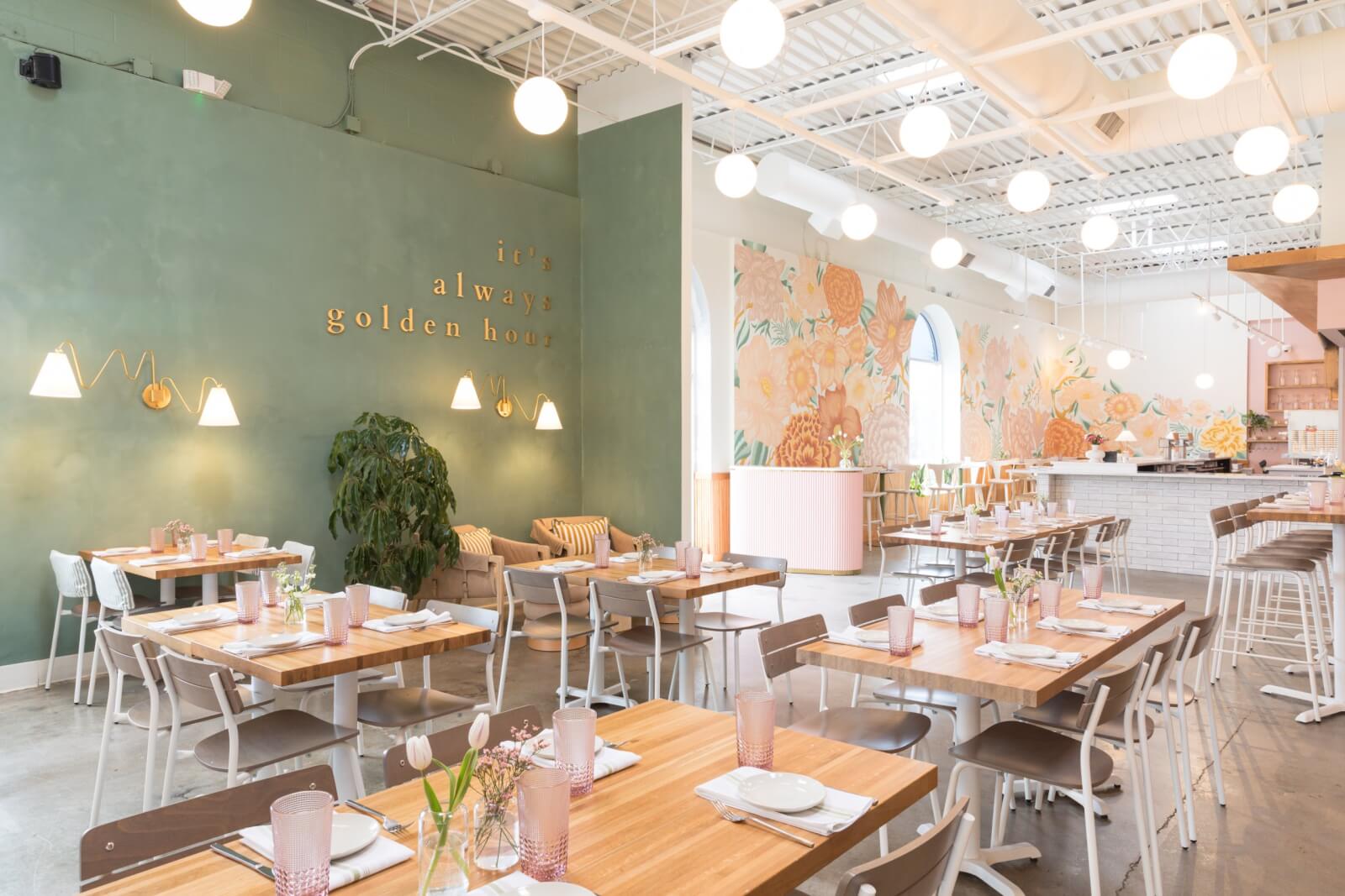restaurant interior with pastels and floral walls