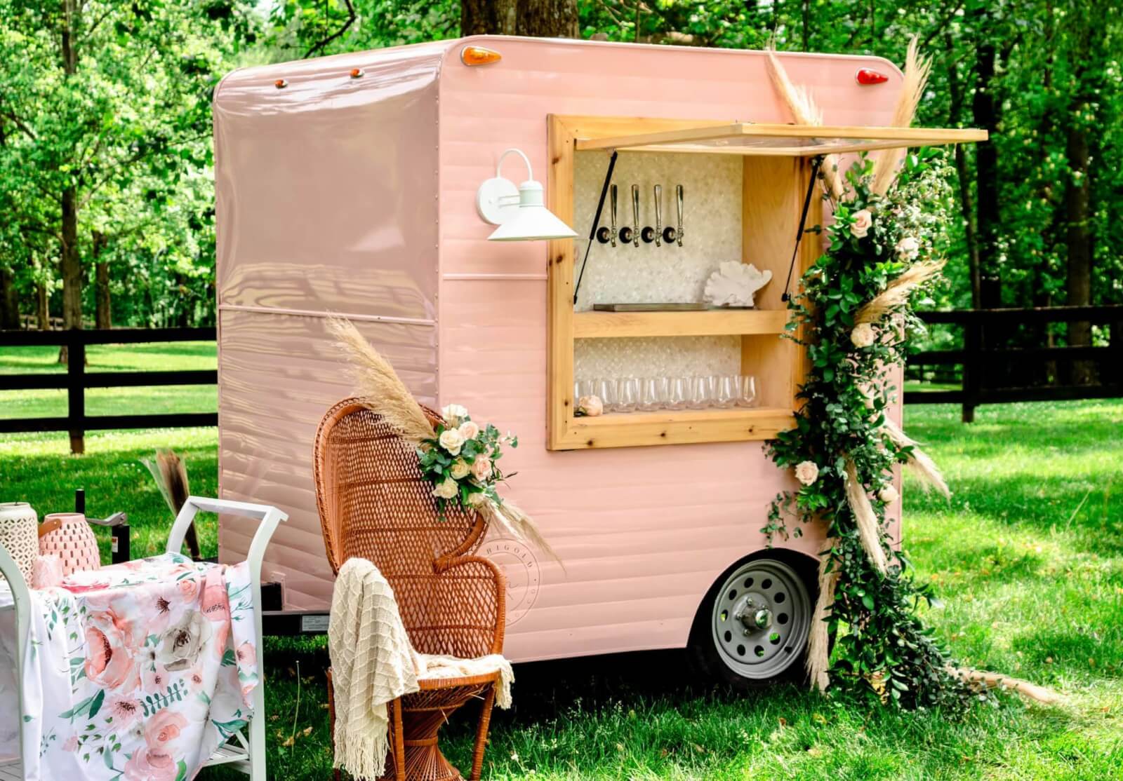 pink trailer mobile bar styled with furniture