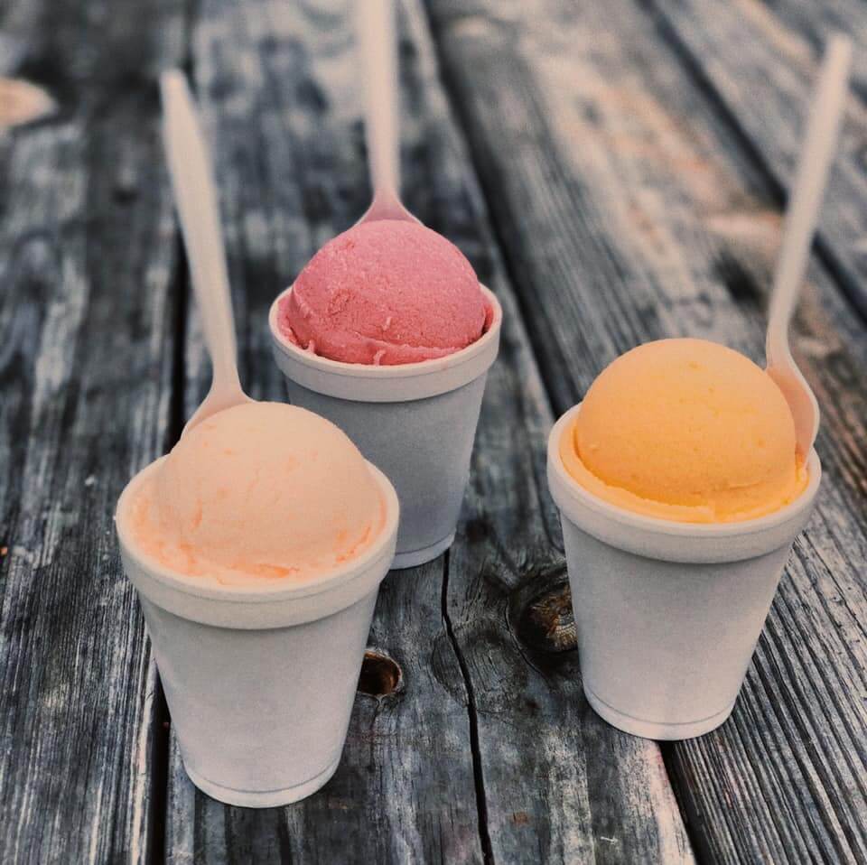 Trio of sorbets on a wooden table