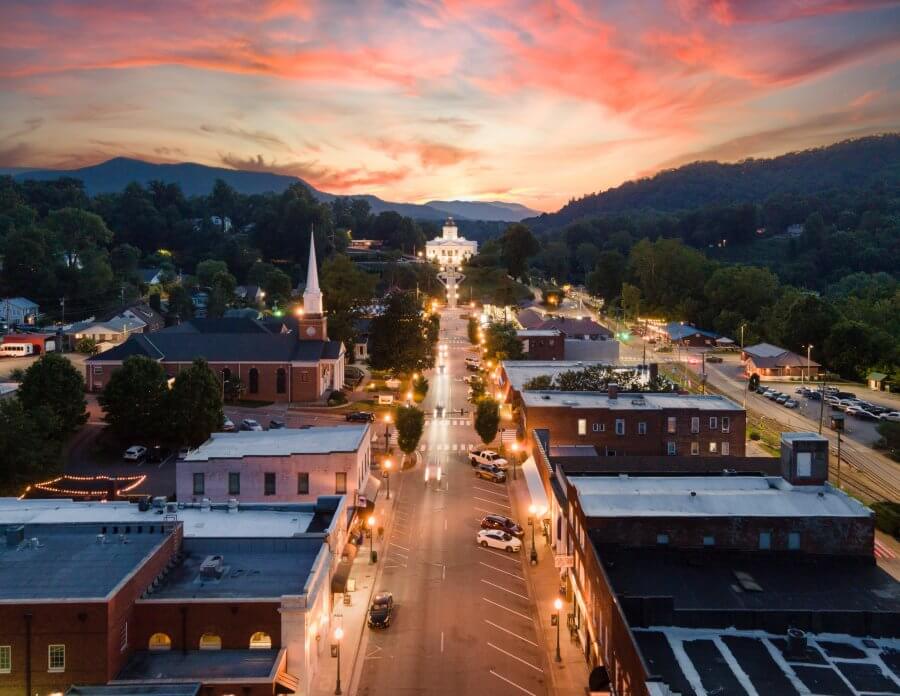 Downtown sunset view of Sylva North Carolina