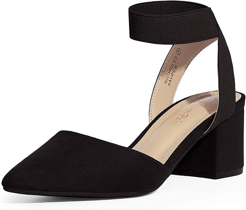 Black pointed-toe heels with ankle strap and block heel